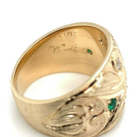 14k Yellow Gold Wide Heavy Emerald and Diamond Band Ring (#J5440)