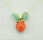 14k Gold Coral Strawberry Pendant Carved Emerald Leaves (#J4446)