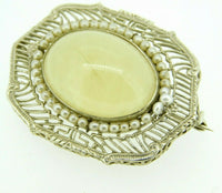 14k White Gold Filigree Art Deco Jade Pin with Pearls (#J1029)