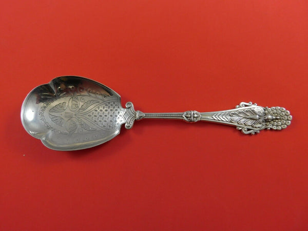 English Sterling Silver by Frederick Elking Berry Spoon Peacock Handle 8 5/8"