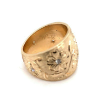 14k Yellow Gold Wide Heavy Diamond Band Ring Engraved Flowers (#J5439)
