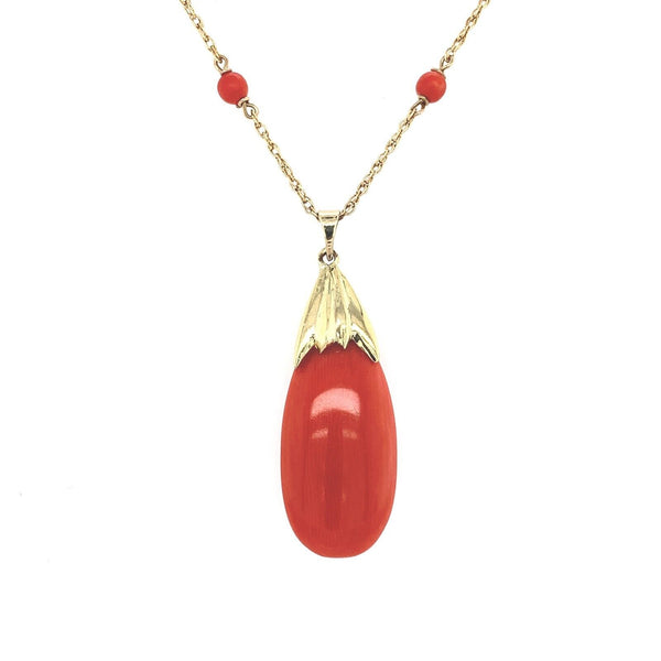 14k Yellow Gold Briolette Genuine Natural Coral Pendant Necklace (#J6163)