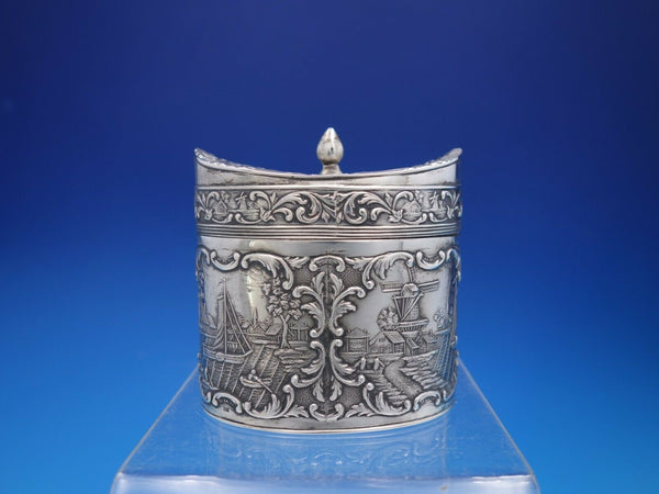 Dutch Silver Tea Caddy with Windmill Scenes and Finial Top Lid Vintage (#4486)
