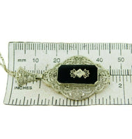 Art Deco 14k White Gold Filigree Genuine Natural Onyx and Diamond Pendant #J2199