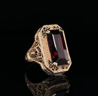 10k Gold 6.58ct Emerald Cut Genuine Natural Garnet Filigree Ring (#J5757)