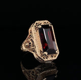 10k Gold 6.58ct Emerald Cut Genuine Natural Garnet Filigree Ring (#J5757)