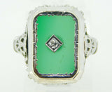 Art Deco 14K Gold Filigree Genuine Natural Chrysoprase Ring with Diamond #J4306