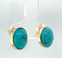 14k Yellow Gold 4.02ct Genuine Natural Kingman Turquoise Stud Earrings (#J6109)