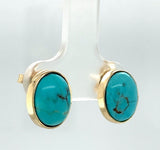 14k Yellow Gold 4.02ct Genuine Natural Kingman Turquoise Stud Earrings (#J6109)