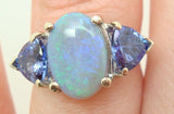 14K Gold 2.33ct Black Genuine Natural Opal Ring w/ Trillion Tanzanites (#C2449)