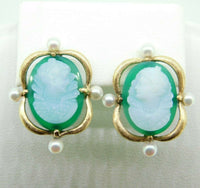 14k Yellow Gold Green and White Onyx Cameo Pin and Earring 3-piece Set (#J4313)