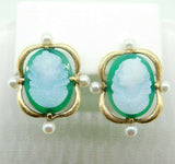 14k Yellow Gold Green and White Onyx Cameo Pin and Earring 3-piece Set (#J4313)