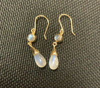 14k Yellow Gold Blue Flash Genuine Natural Moonstone Earrings (#J5300)