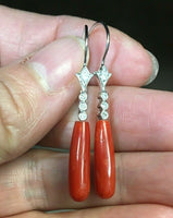 18k White Gold 7 Carat Ox Blood Genuine Natural Coral Briolette Earrings (#5290)