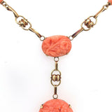 Art Deco Yellow Gold 14k Carved Genuine Natural Coral Necklace (#J5457)