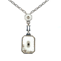 14k White Gold Genuine Natural Rock Crystal Quartz Necklace with Enamel (#J5935)