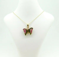 14k Yellow Gold Watermelon Genuine Natural Tourmaline Butterfly Pendant (#J5022)