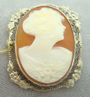 14K Gold Oval Genuine Natural Shell Cameo Brooch with Applied Flowers (#J2146)