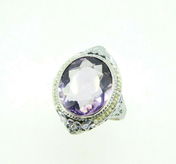 Art Deco 14k White Gold Filigree Amethyst Seed Pearl Ring (#J5007)