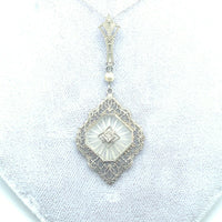 10k White Gold Art Deco Filigree Rock Crystal Pendant (#J5232)