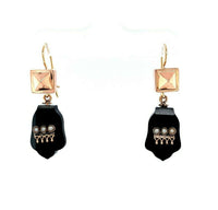 14k Rose Gold Victorian Black Onyx and Pearl Drop Earrings (#J5493)