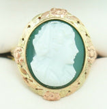 10K Gold Genuine Natural Chrysoprase Green Stone Cameo Ring (#C2479)