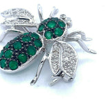 18k White Gold Bee Fly Brooch Pin Genuine Natural Emeralds and Diamonds (#J5195)