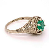 Filigree 14k White Gold Art Deco .86ct Genuine Natural Emerald Ring (#J4828)