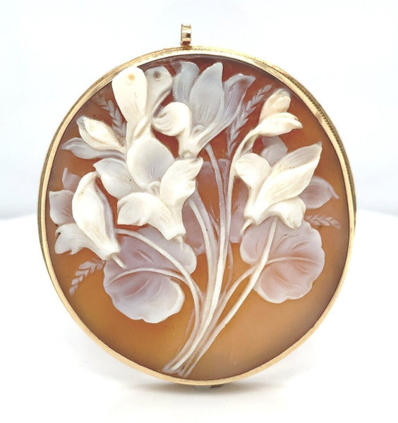12k Yellow Gold Genuine Natural Cameo Pin Pendant Brooch w/Violet Flowers #J6448