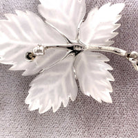 14k White Gold Carved Genuine Natural Rock Crystal Leaf Pin w/ Diamond (#J5537)