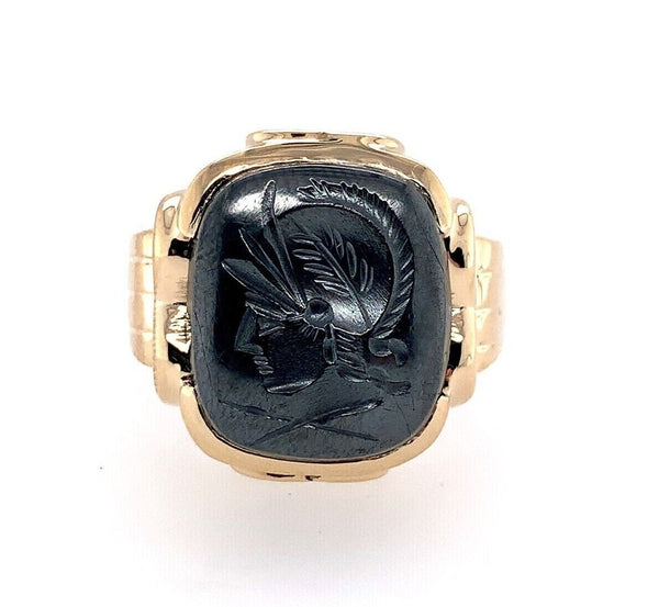 10k Yellow Gold Men's Genuine Natural Hematite Carved Intaglio Ring (#J5551)