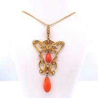14k Yellow Gold Coral Briolette Victorian Lavaliere Necklace (#J5501)