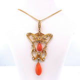 14k Yellow Gold Coral Briolette Victorian Lavaliere Necklace (#J5501)