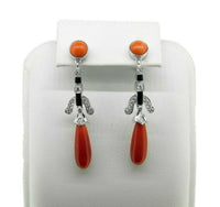 18k Gold Genuine Natural Coral Briolette Diamond and Enamel Earrings (#J4708)