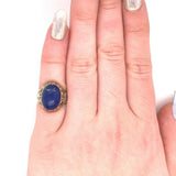Arts and Crafts 14k Gold Genuine Natural Lapis Ring Applied Leaves (#J5414)
