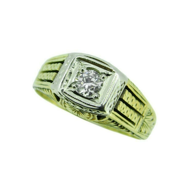 14k Yellow Gold Art Deco 1/4ct Genuine Natural Diamond Men's Ring (#J4701)