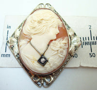 Art Deco 14k Gold Filigree Genuine Natural Shell Cameo and Diamond Pin (#J2942)