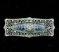 Deco 14k White Gold Filigree Genuine Natural Carved Rock Crystal Pin (#J4747)