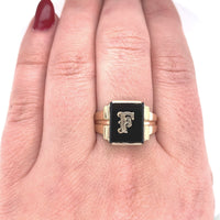 10k Yellow Gold Genuine Natural Onyx Men's Ring Initial "F" Size 11 (#J6130)