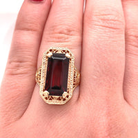10k Gold 6.58ct Emerald Cut Genuine Natural Garnet Filigree Ring (#J5757)