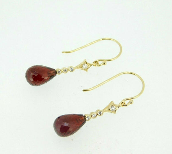 14k Yellow Gold Briolette Genuine Natural Garnet and Diamond Earrings (#J4479)