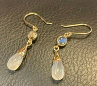 14k Yellow Gold Blue Flash Genuine Natural Moonstone Earrings (#J5300)