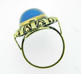 14k Yellow Gold Large Retro Blue Genuine Natural Chalcedony Ring (#J5101)