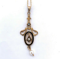 10k Yellow Gold Seed Pearls and Black Enamel Lavaliere Pendant (#J4956)