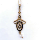 10k Yellow Gold Seed Pearls and Black Enamel Lavaliere Pendant (#J4956)