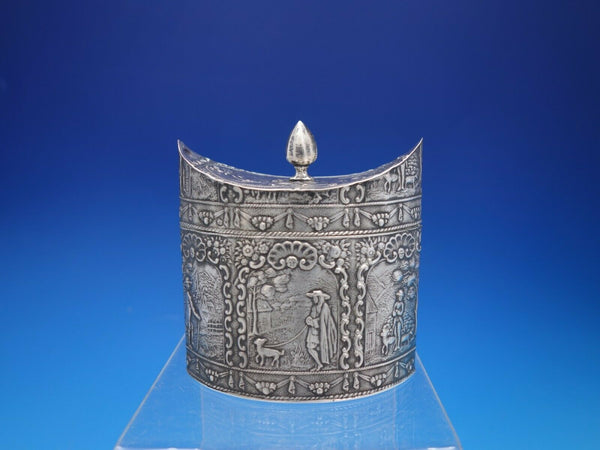 Dutch Silver Tea Caddy with Figural Scenes and Finial Top Lid Vintage (#4485)