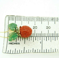 14k Gold Coral Strawberry Pendant Carved Emerald Leaves (#J4446)