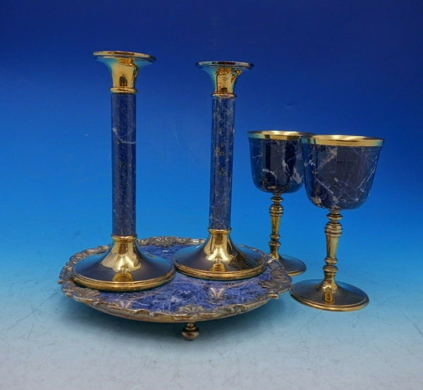 Queens by Garrard and Co Sterling Silver Console Set 5pc Box Gilt Sodalite #4717