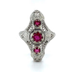 18k White Gold Art Deco Long Filigree Genuine Natural Ruby Ring (#J5651)