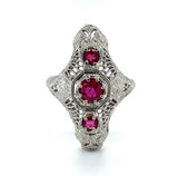 18k White Gold Art Deco Long Filigree Genuine Natural Ruby Ring (#J5651)